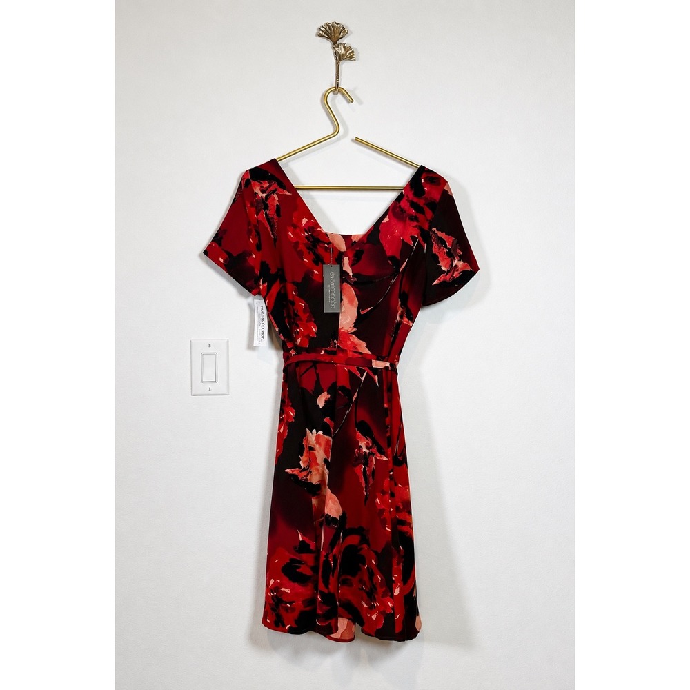 EVA MENDES NY&C Red Floral Belted Fit & Flare Dress Size 10 - Picture 3 of 10